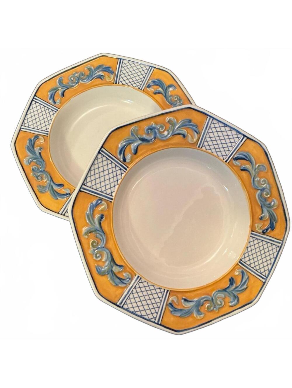 10” Fitz & Floyd Ricamo Trattoria Ceramic Pasta Bowls Yellow & Blue Lattice Edge